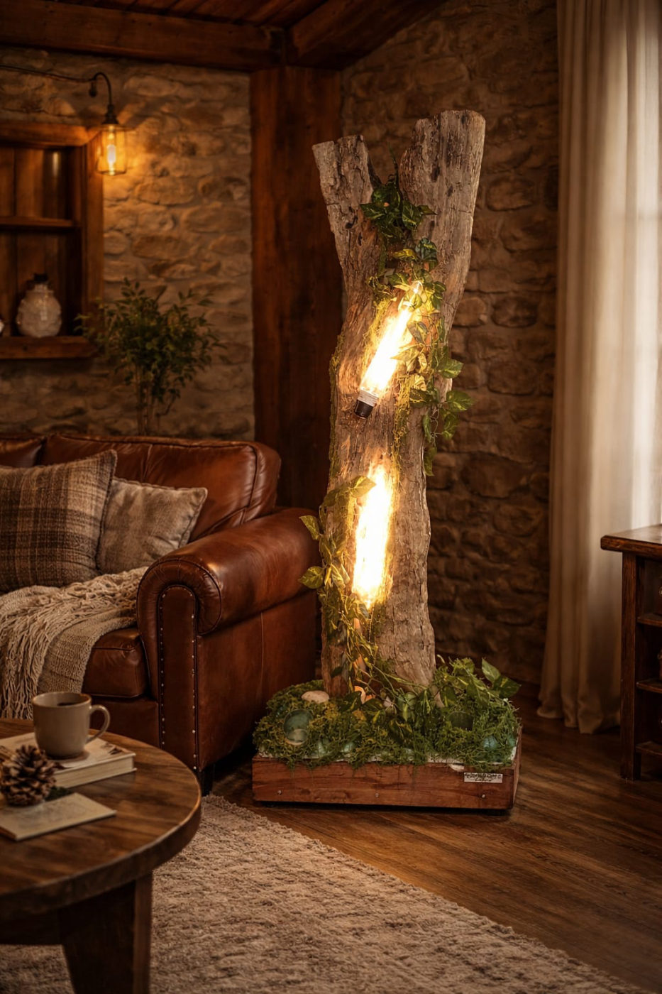 Candeeiro Rusticamente aceso numa sala de estar